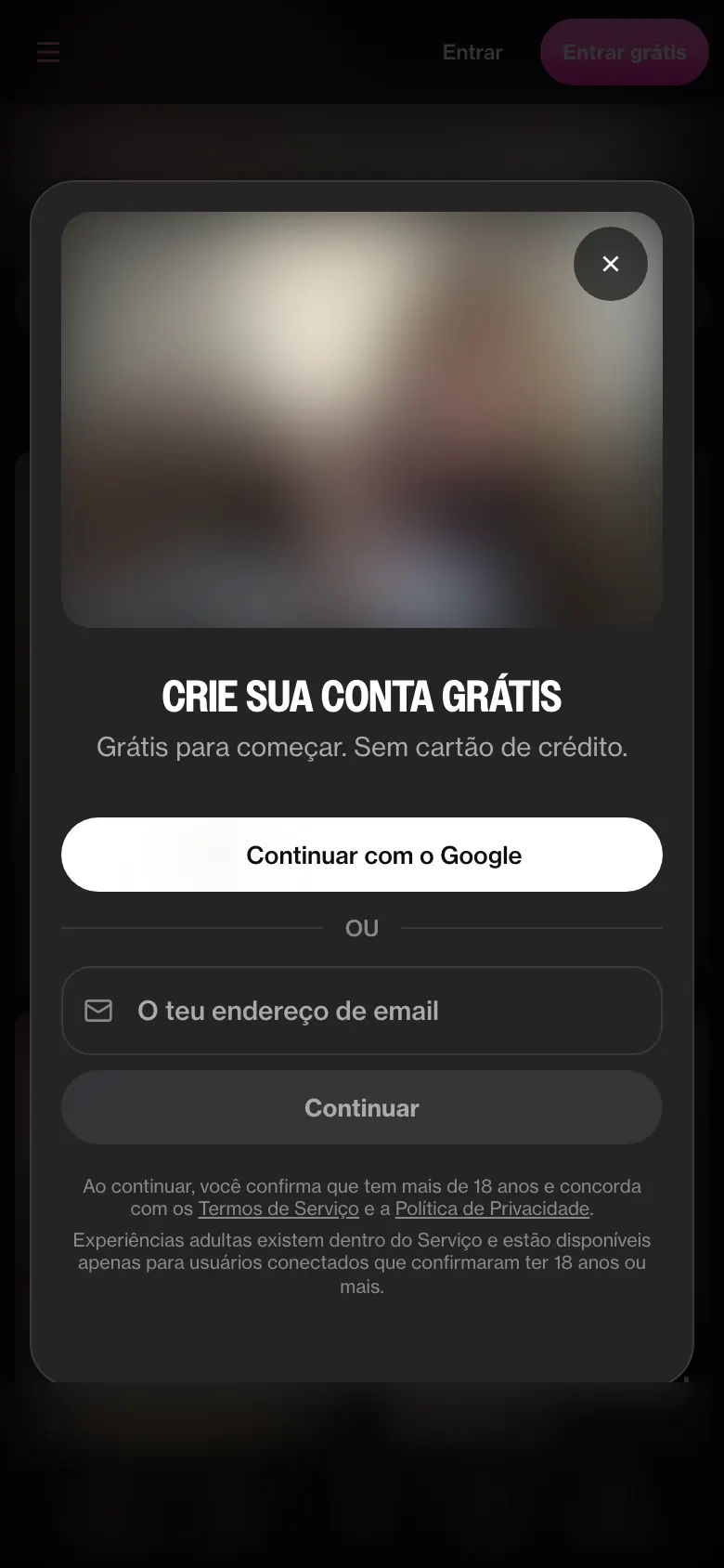 Tela Crie sua conta grátis do ourdream.ai: Continuar com o Google ou e-mail, sem cartão de crédito