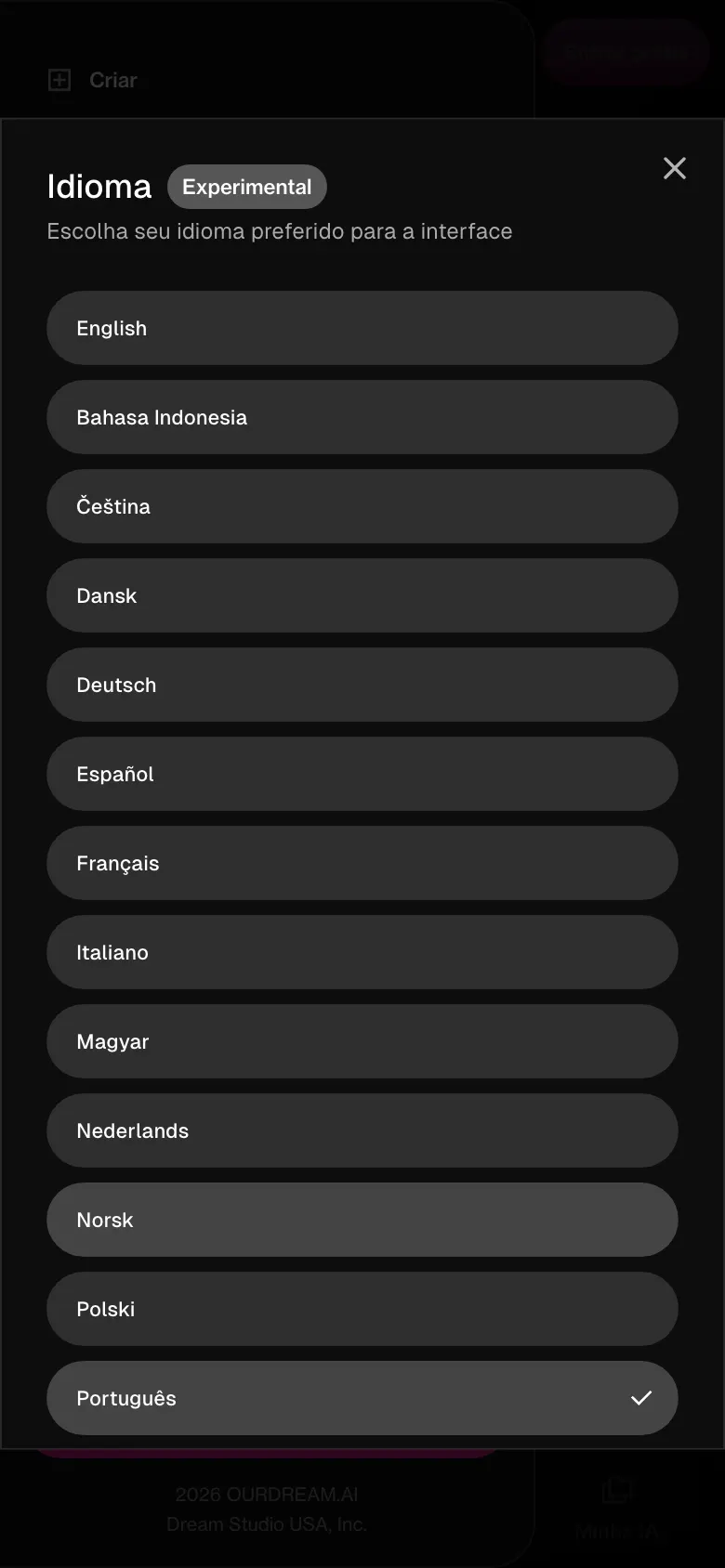Menu Idioma do ourdream.ai no celular, marcado como Experimental, com a opção Português selecionada